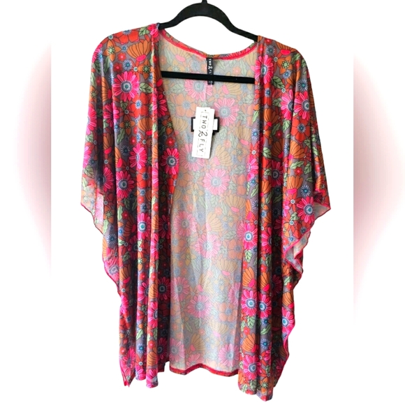 Two 2 Fly Soft Lace Sheer Floral Boho Hippie Western Kimono Cover Up Colorful - Picture 1 of 10